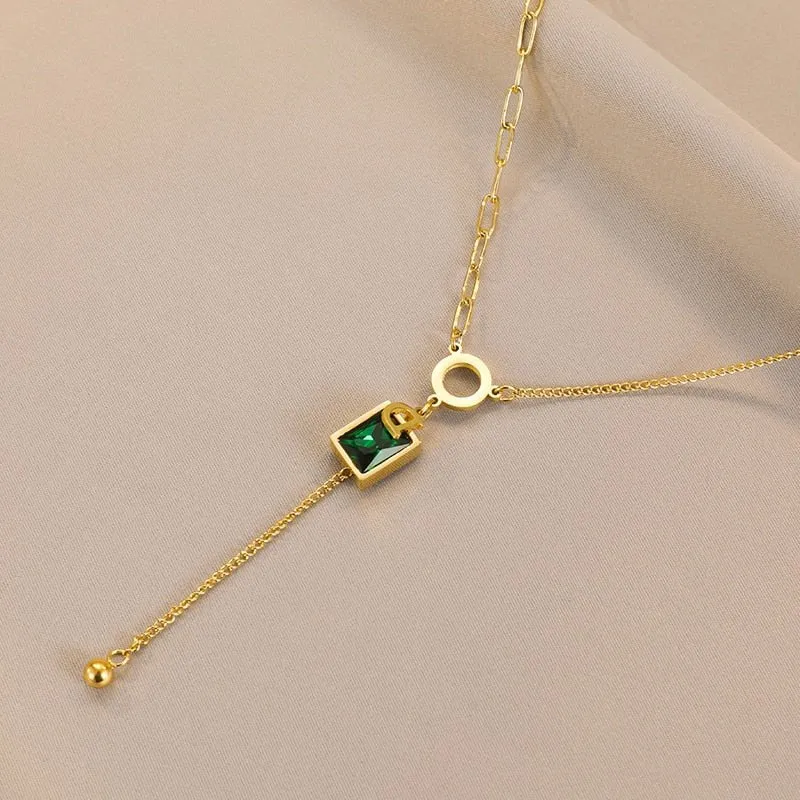 Vintage Square Emerald Pendant Necklace D Letter For Women Jewelry