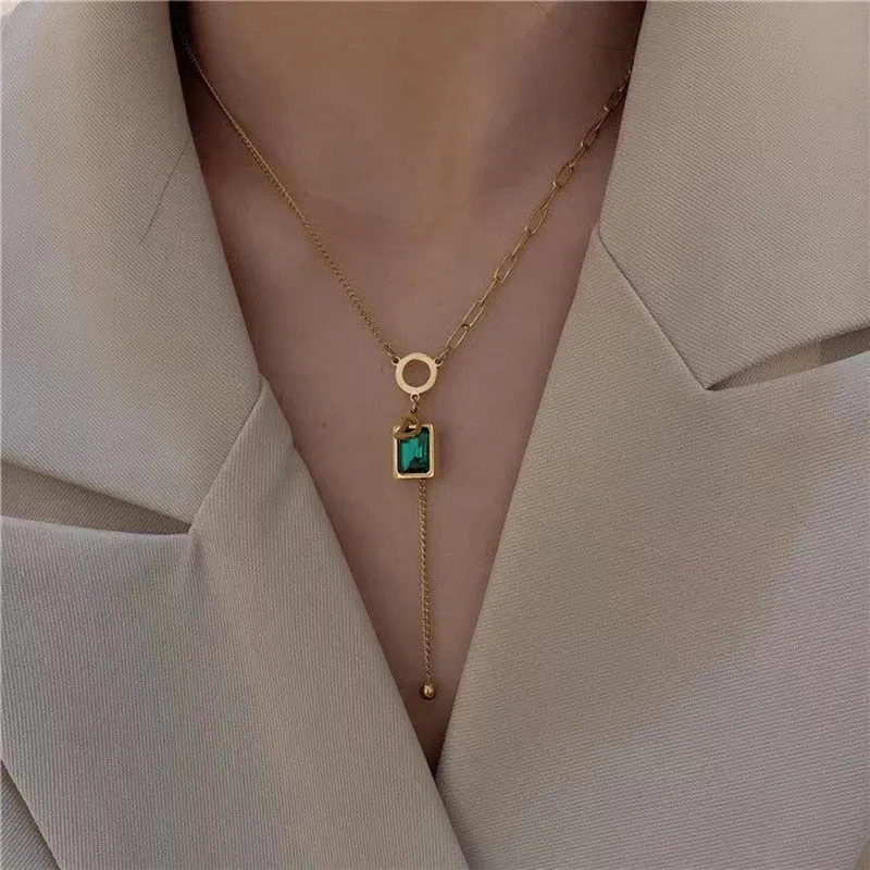 Vintage Square Emerald Pendant Necklace D Letter For Women Jewelry