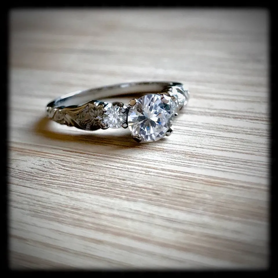 Vintage Style Flower Engraved Engagement Rings