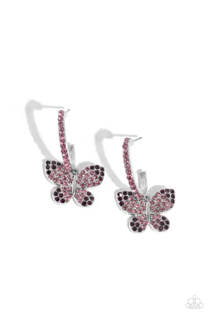Whimsical Waltz - Purple - Rhinestone Butterfly Paparazzi Drop Hoop Earrings