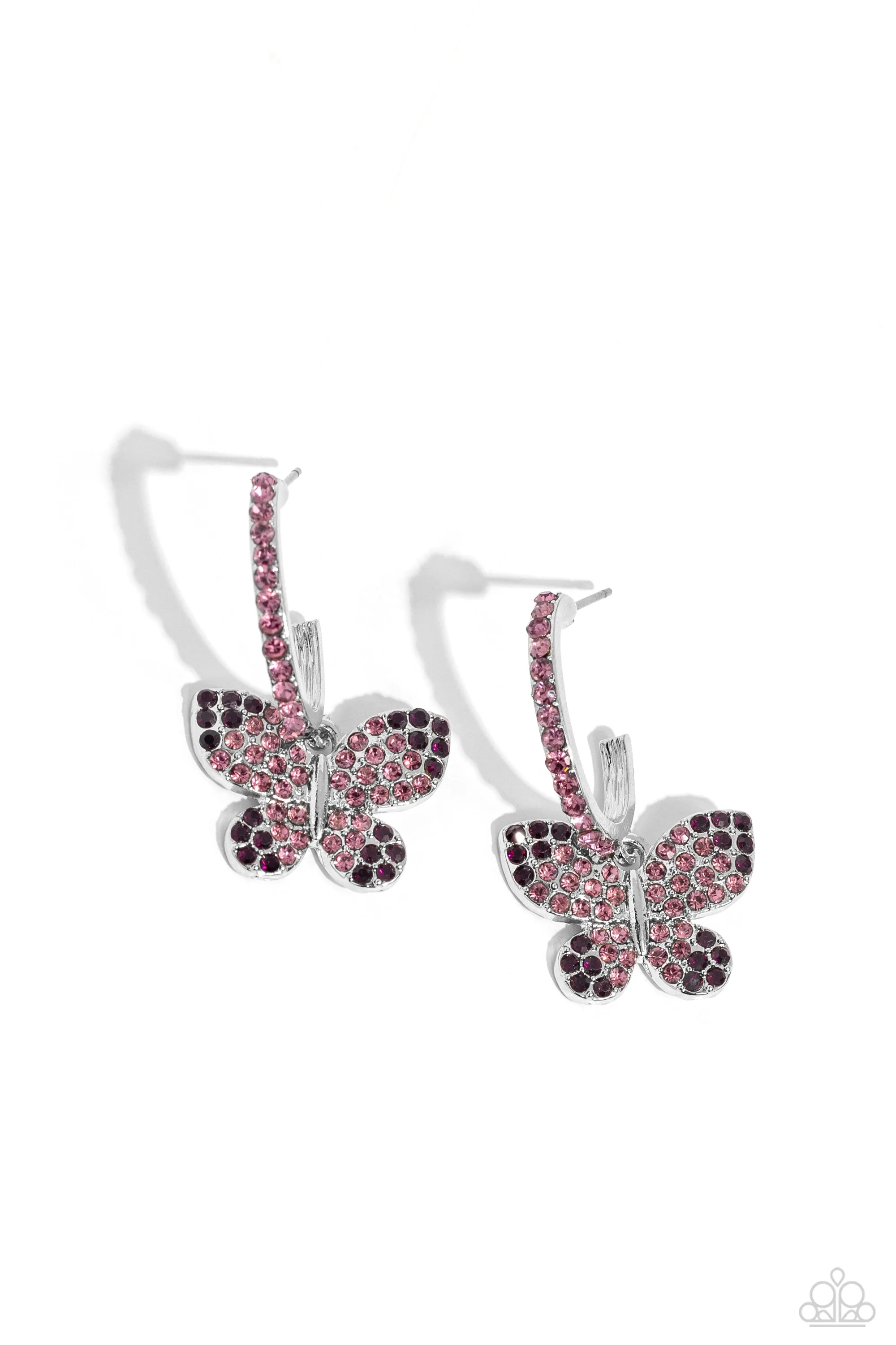 Whimsical Waltz - Purple - Rhinestone Butterfly Paparazzi Drop Hoop Earrings